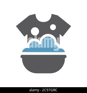 Clothes hand washing in a sink icon. T shirt in soap foam and bubbles in a basin simple vector laundry symbol. Stock Vector