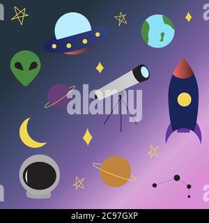 Space UFO elements set rocket, alien, planets, earth, telescope, UFO, constellation, stars moon spaceship in flat cartoon style Stock Vector