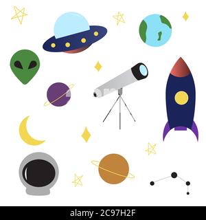 Space UFO objects set rocket, alien, planets, earth, telescope, constellation, stars, moon spaceship in flat cartoon style Stock Vector