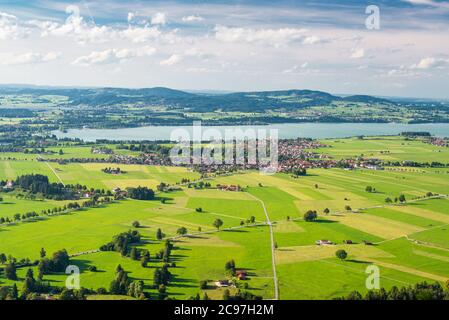 Forggensee Lake and agricultural fields from mountains in Schwangau, Ostallgau district in Bavaria, Germany. Stock Photo