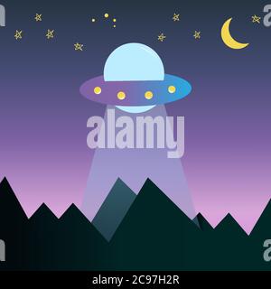 Flying saucer above the ground. Aliens flew to Earth to steal people for experiments template vector illustration Stock Vector