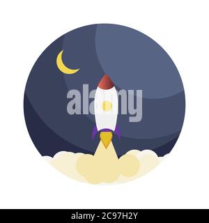 Rocket launch to galaxy icon in flat style. Business startup concept vector isolated illustration Stock Vector