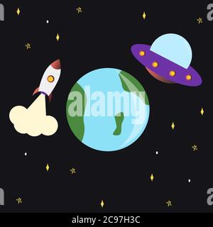 UFO and rocket flying near Earth. July 2 UFO day. The aliens flew to Earth to steal people for experiments vector illustration Stock Vector