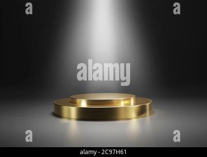 3D Illustration of gold colored winner stage or product stand. Realistic, template, mockup isolated on dark backgrpund with spotlight Stock Photo
