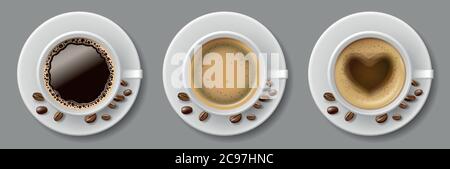 Set of coffee mug top view with coffee beans. Cappuccino espresso, latte, mocha, americano in realistic white cup. vector template Stock Vector