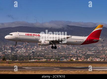 Los Rodeos, Tenerife/Canary islands; July 24 2020: Iberia Airbus A321-213, landing, in La Laguna city airport Stock Photo