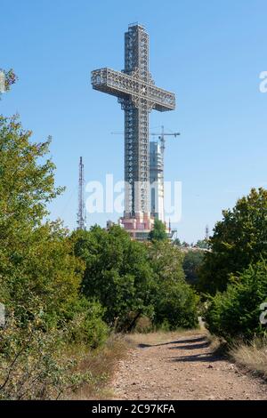 Millennium Cross at Skopje Vodno Mountain in Macedonia. It is a 66 meters toll cross situated on the top of the hill. Stock Photo