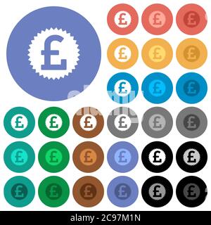 Pound sticker multi colored flat icons on round backgrounds. Included white, light and dark icon variations for hover and active status effects, and b Stock Vector