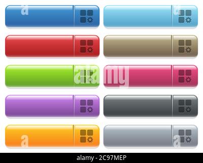 Component settings engraved style icons on long, rectangular, glossy color menu buttons. Available copyspaces for menu captions. Stock Vector