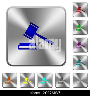 Auction hammer engraved icons on rounded square glossy steel buttons Stock Vector