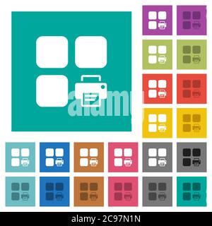 Print component multi colored flat icons on plain square backgrounds. Included white and darker icon variations for hover or active effects. Stock Vector