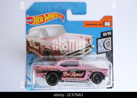 Istanbul, Turkey - July 29, 2020 : A Hot Wheels pink colored custom 57 Chevy die cast toy car on is white background. Stock Photo