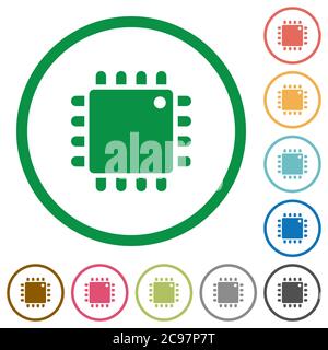Computer processor flat color icons in round outlines on white background Stock Vector