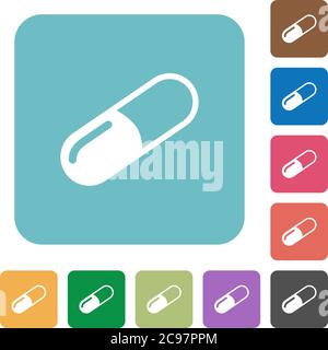 Pill white flat icons on color rounded square backgrounds Stock Vector