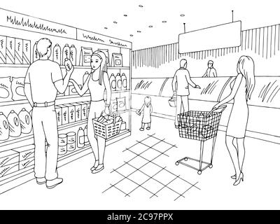 Grocery store shop interior black white graphic sketch illustration vector, people buying products Stock Vector