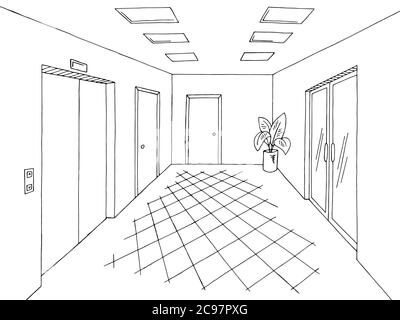 Corridor graphic black white interior sketch illustration vector Stock Vector