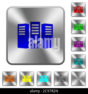 Server hosting engraved icons on rounded square glossy steel buttons Stock Vector