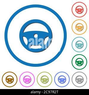 Steering wheel flat color vector icons with shadows in round outlines on white background Stock Vector