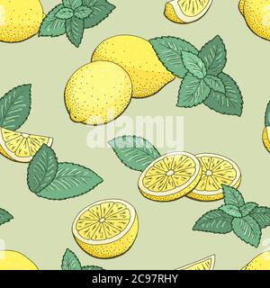 Lemon fruit mint herb graphic color seamless pattern background sketch illustration vector Stock Vector