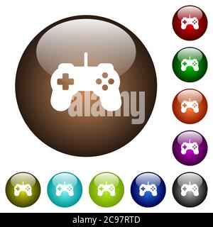 Game controller white icons on round color glass buttons Stock Vector