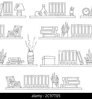 Shelves graphic black white seamless pattern background sketch office illustration vector Stock Vector
