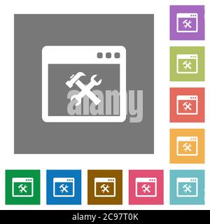 Application tools flat icons on simple color square backgrounds Stock Vector