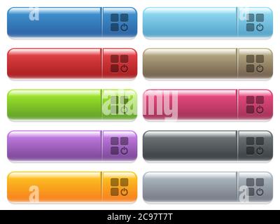 Component switch off engraved style icons on long, rectangular, glossy color menu buttons. Available copyspaces for menu captions. Stock Vector