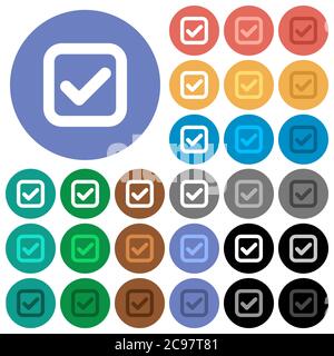Checkbox multi colored flat icons on round backgrounds. Included white, light and dark icon variations for hover and active status effects, and bonus Stock Vector