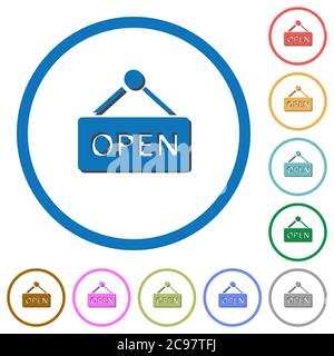 Open sign flat color vector icons with shadows in round outlines on white background Stock Vector