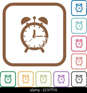 Alarm clock simple icons in color rounded square frames on white background Stock Vector