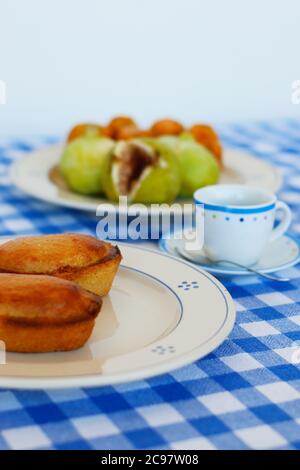 Breakfast in Salento, with typical products of the southern Italian tradition: Prickly pears, figs and Pasticciotto with cream on ceramic plates and w Stock Photo