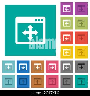 Move window multi colored flat icons on plain square backgrounds. Included white and darker icon variations for hover or active effects. Stock Vector