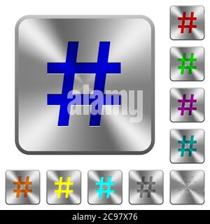 Hash tag engraved icons on rounded square glossy steel buttons Stock Vector