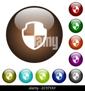 Shield white icons on round color glass buttons Stock Vector