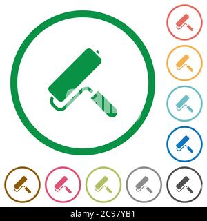 Paint roller flat color icons in round outlines on white background Stock Vector