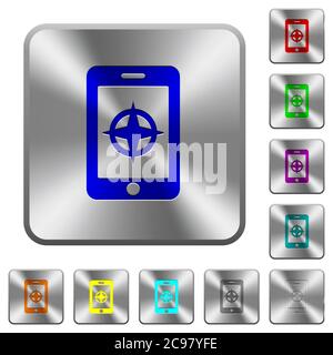 Mobile compass engraved icons on rounded square glossy steel buttons Stock Vector