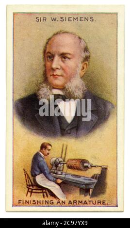 An old cigarette card (c. 1929) with a portrait of Ernst Werner Siemens (von Siemens from 1888, 1816–1892) and an illustration of his armature. Siemens was a German electrical engineer, inventor and industrialist. He recognised the potential of the dynamo-electric principle and its practical application. The dynamo machine that his company developed using the 'Siemens armature' helped to put electricity to use first in lighting. An economical way to turn mechanical energy into electrical energy, it marked the beginning of the electrification of the world. Stock Photo