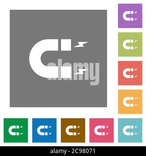 Horseshoe magnet flat icons on simple color square backgrounds Stock Vector
