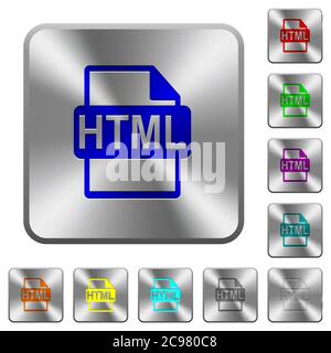 HTML file format engraved icons on rounded square glossy steel buttons Stock Vector
