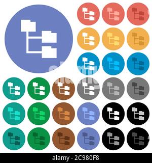 Folder structure multi colored flat icons on round backgrounds. Included white, light and dark icon variations for hover and active status effects, an Stock Vector