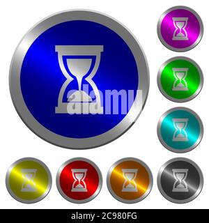 Hourglass icons on round luminous coin-like color steel buttons Stock Vector