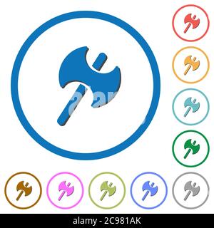 Two headed battle axe flat color vector icons with shadows in round outlines on white background Stock Vector