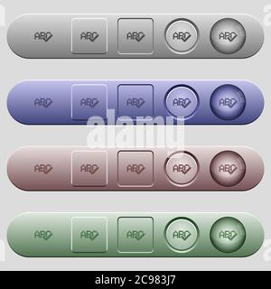 Spell check icons on rounded horizontal menu bars in different colors and button styles Stock Vector