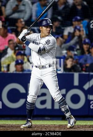 Christian Villanueva, durante el partido de beisbol de los Dodgers de Los Angeles contra Padres de San Diego, durante el primer juego de la serie las Ligas Mayores del Beisbol en Monterrey, Mexico el 4 de Mayo 2018.(Photo: Luis Gutierrez) Stock Photo