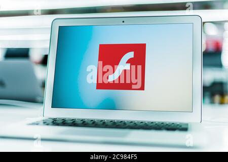 POZNAN, POL - JUN 16, 2020: Laptop computer displaying logo of Adobe Flash, a deprecated multimedia software platform used for production of animation Stock Photo