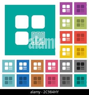 Archive component multi colored flat icons on plain square backgrounds. Included white and darker icon variations for hover or active effects. Stock Vector