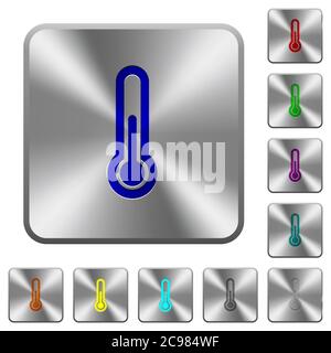 Thermometer engraved icons on rounded square glossy steel buttons Stock Vector