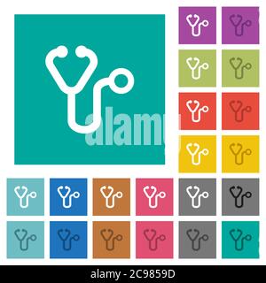 Stethoscope multi colored flat icons on plain square backgrounds. Included white and darker icon variations for hover or active effects. Stock Vector