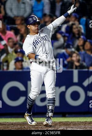 Christian Villanueva, durante el partido de beisbol de los Dodgers de Los Angeles contra Padres de San Diego, durante el primer juego de la serie las Ligas Mayores del Beisbol en Monterrey, Mexico el 4 de Mayo 2018.(Photo: Luis Gutierrez) Stock Photo