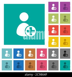 Add new user multi colored flat icons on plain square backgrounds. Included white and darker icon variations for hover or active effects. Stock Vector